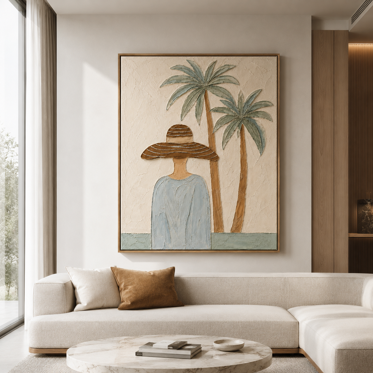 Palm Breeze Serenity – Coastal Figurative Canvas Wall Art, Tropical Woman Painting for Modern Living Room Decor