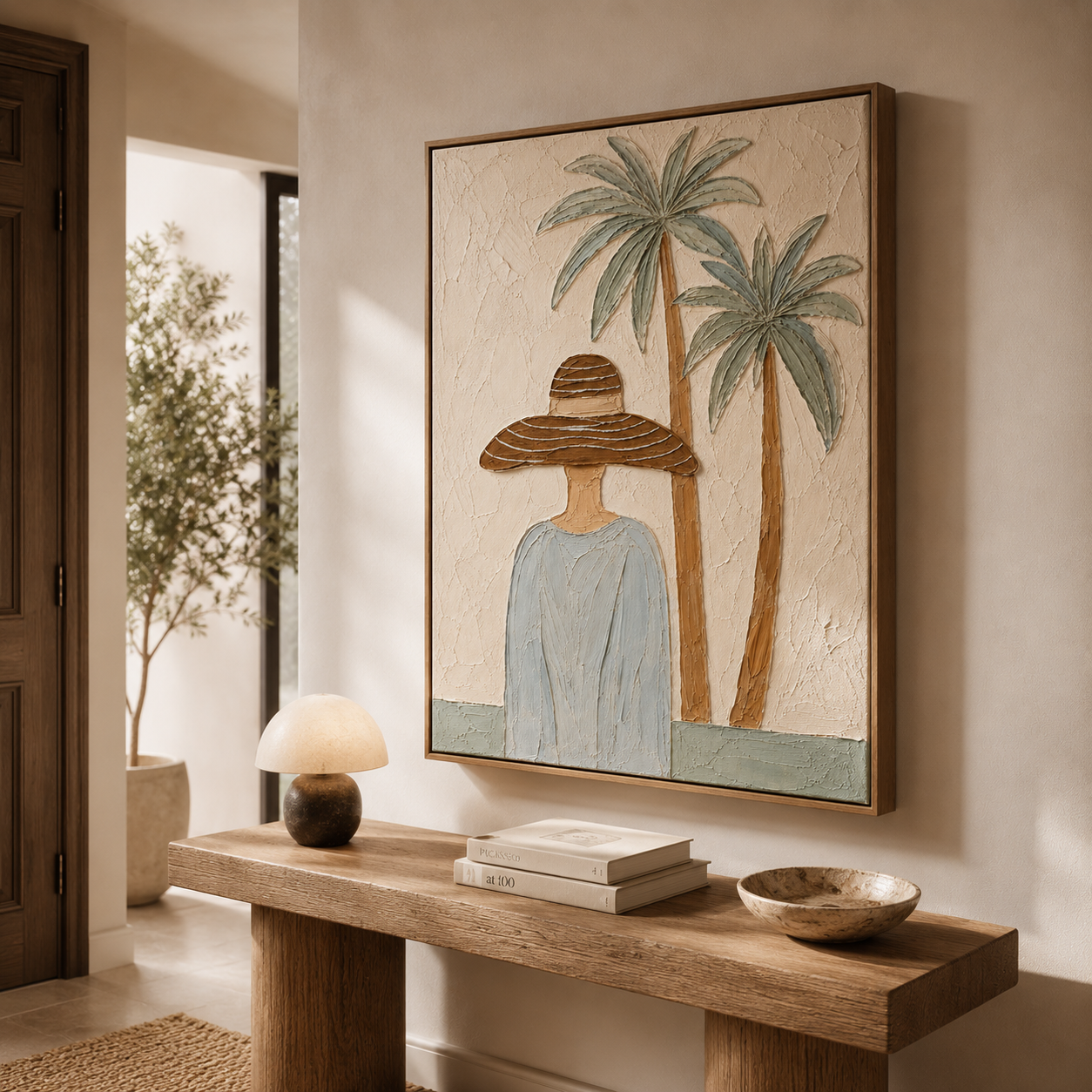 Palm Breeze Serenity – Coastal Figurative Canvas Wall Art, Tropical Woman Painting for Modern Living Room Decor