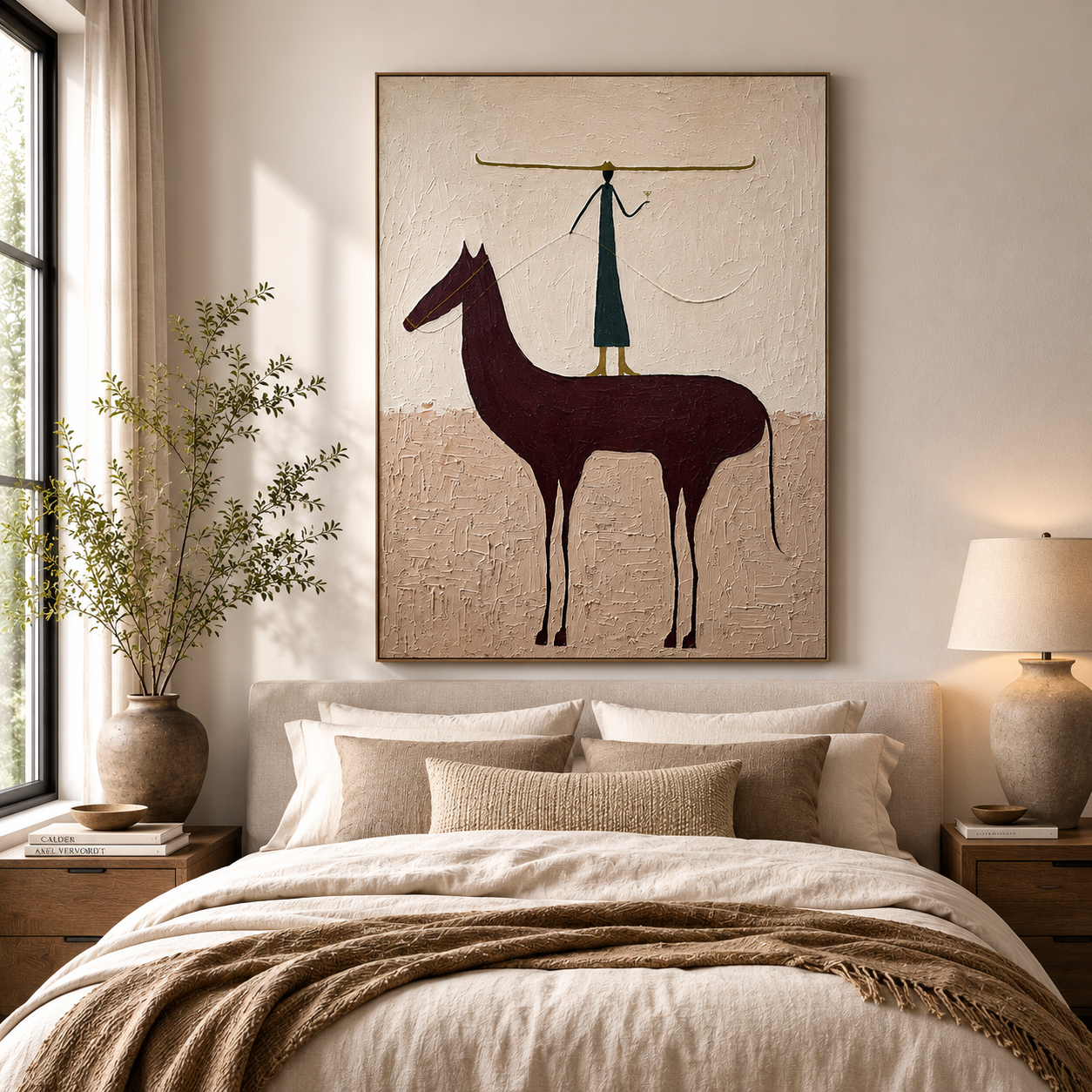 Hand-painted minimalist horse wall art featuring a stylized western rider standing on a horse with neutral earth tones for modern organic interiors.