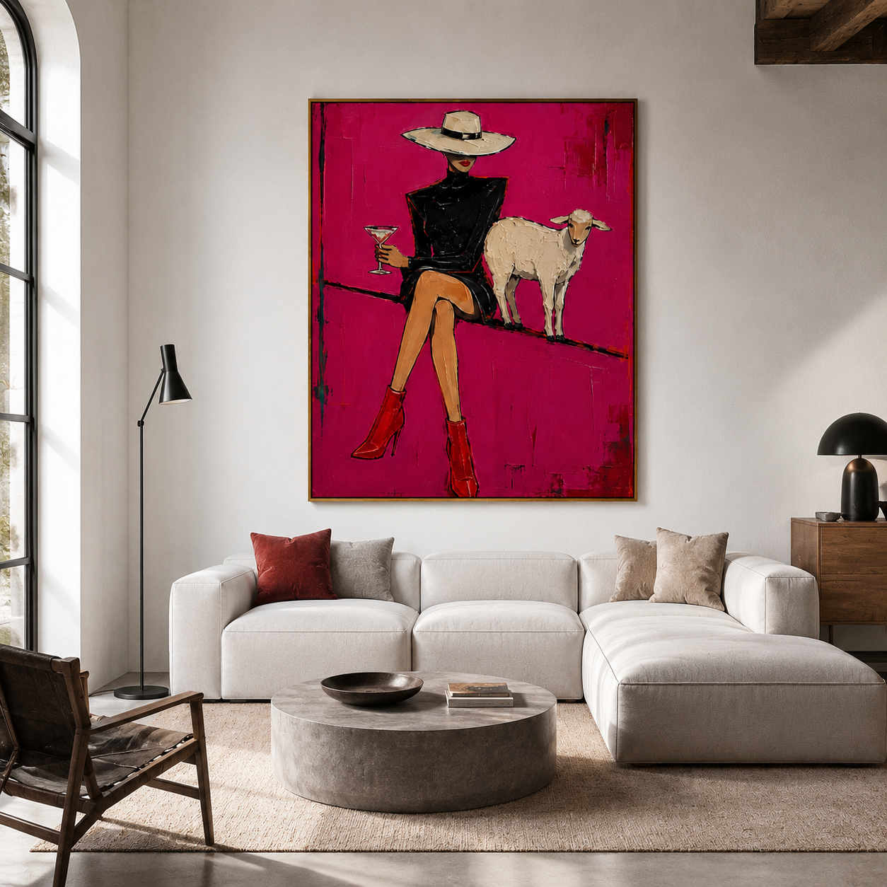 Midnight Velvet – Hand-Painted Fashion Cowgirl Wall Art with Lamb, Modern Western Oil Painting