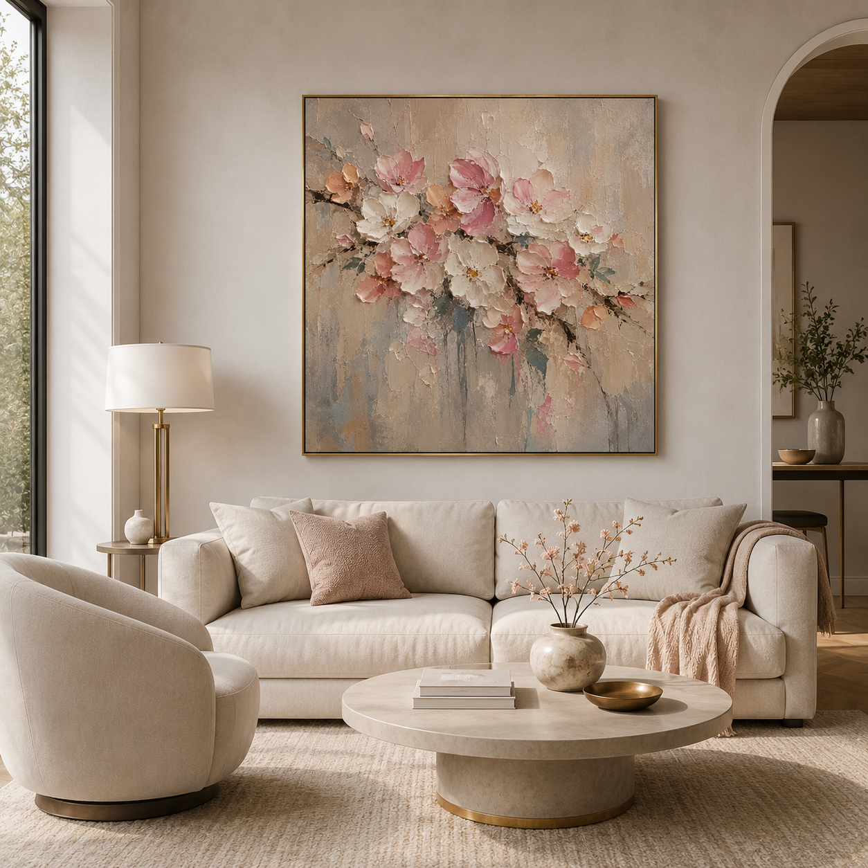 Hand-painted cherry blossom floral oil painting with soft pink flowers, textured palette knife details and neutral botanical wall art for modern living room decor