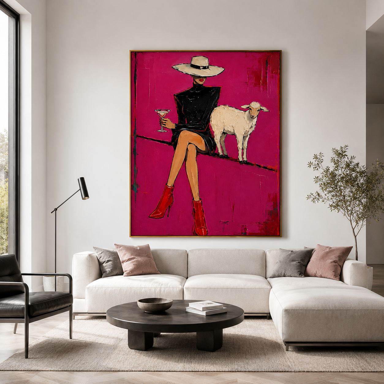 Midnight Velvet – Hand-Painted Fashion Cowgirl Wall Art with Lamb, Modern Western Oil Painting