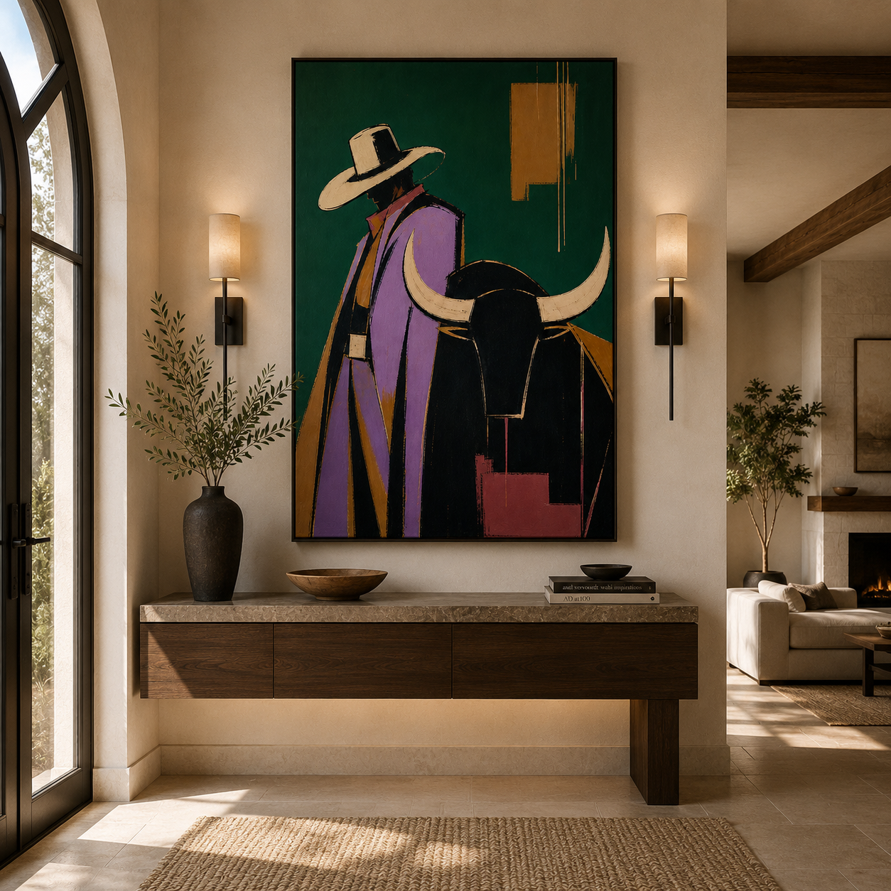 Hand-painted modern western wall art featuring an abstract cowboy and Texas Longhorn with rich textured oil painting in emerald green, black, and gold tones.