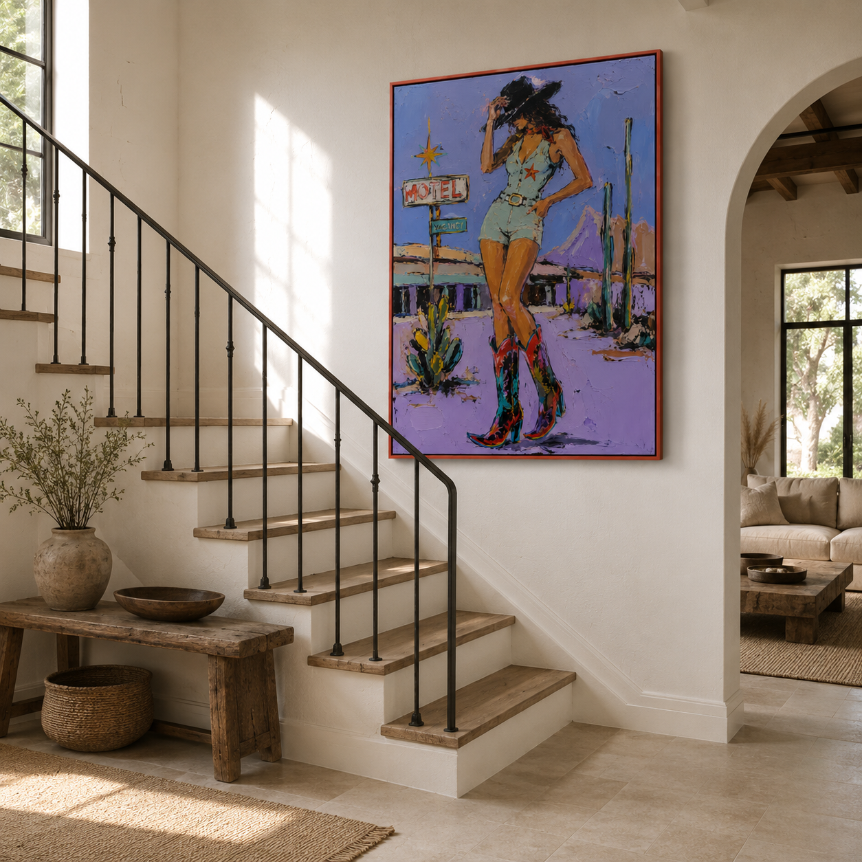Desert Starlight – Hand-Painted Cowgirl Wall Art, Modern Western Oil Painting on Canva