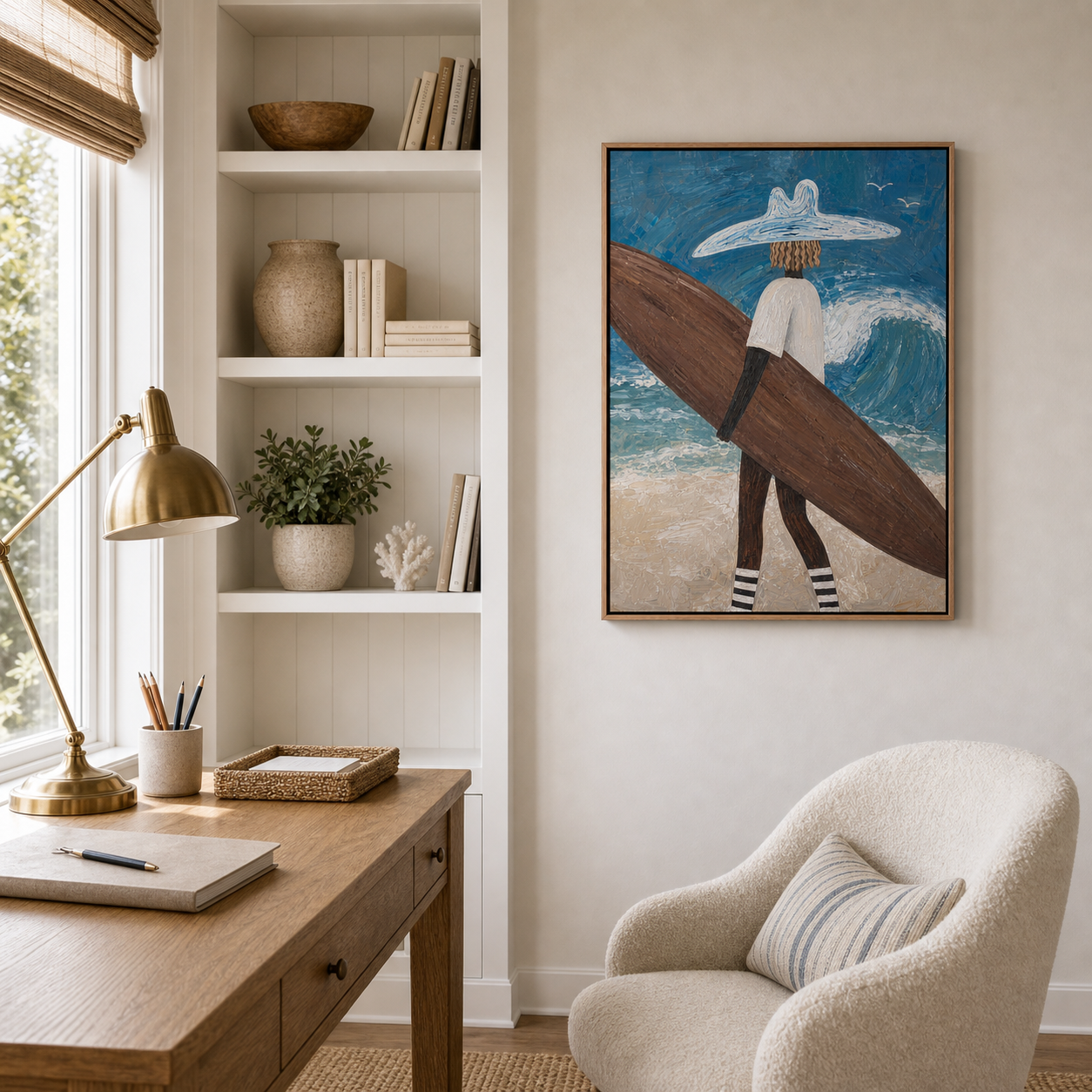 Framed Coastal Wall Art, Surfer With Wave Beach Painting, Ocean Wall Decor for Living Room