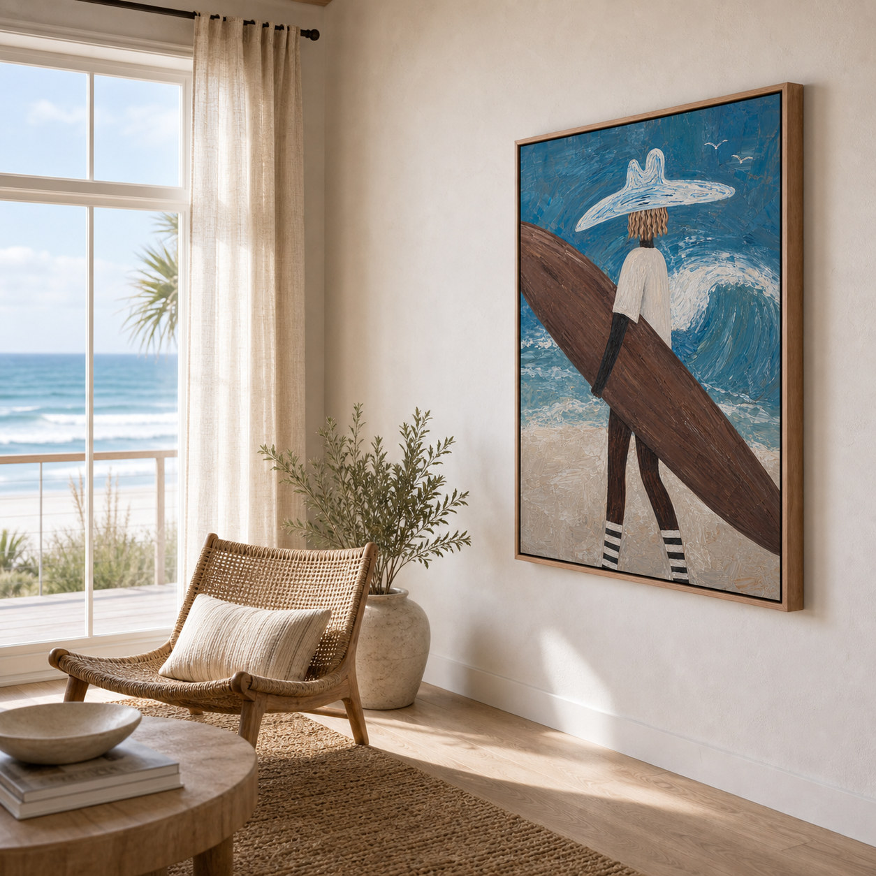 Framed Coastal Wall Art, Surfer With Wave Beach Painting, Ocean Wall Decor for Living Room