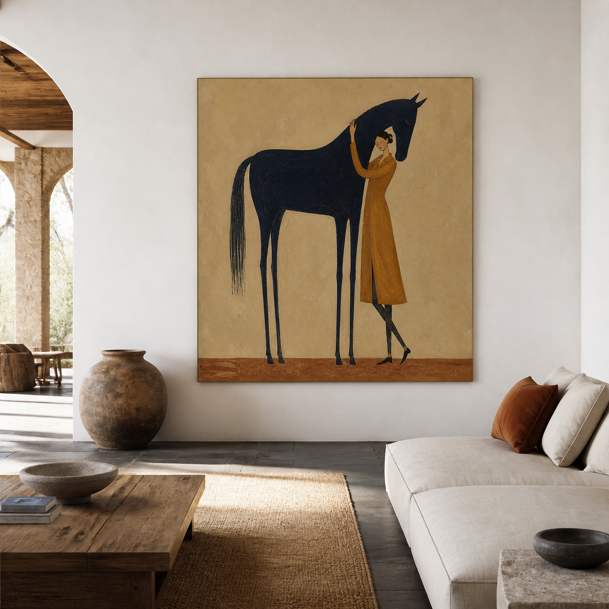 Square horse wall art featuring woman and black horse