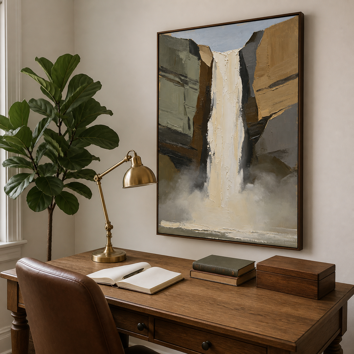 Abstract waterfall wall art with soft mist and neutral tones