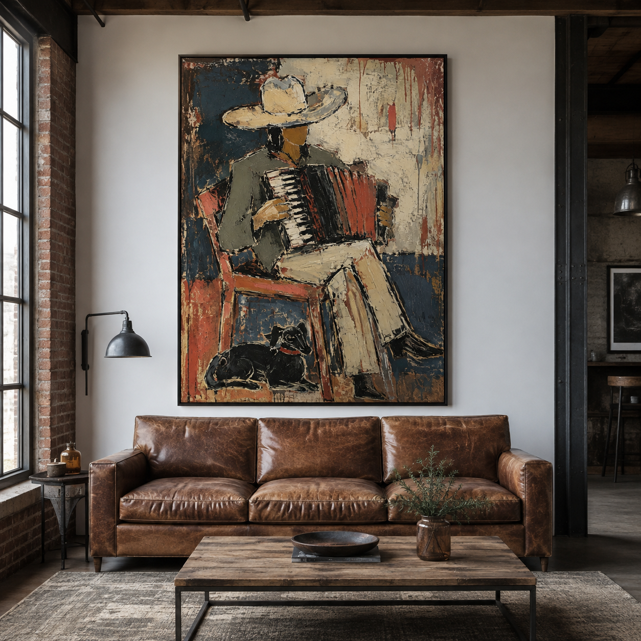 Cowboy accordion player painting with black dog