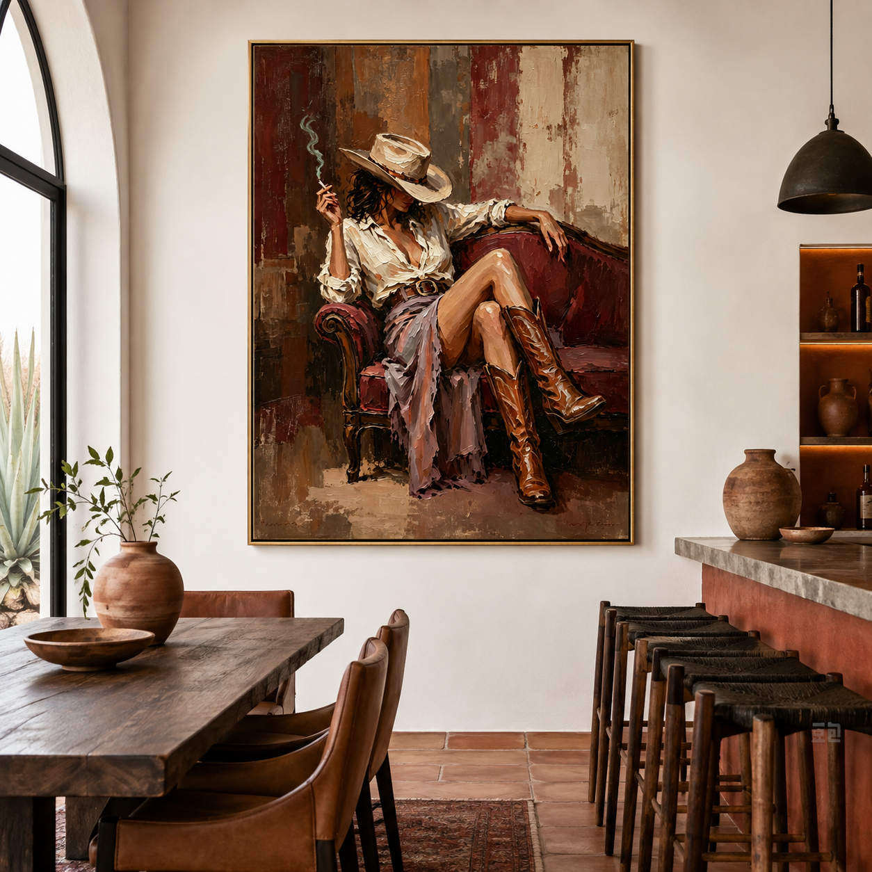 Western woman painting featuring a relaxed cowgirl in leather boots