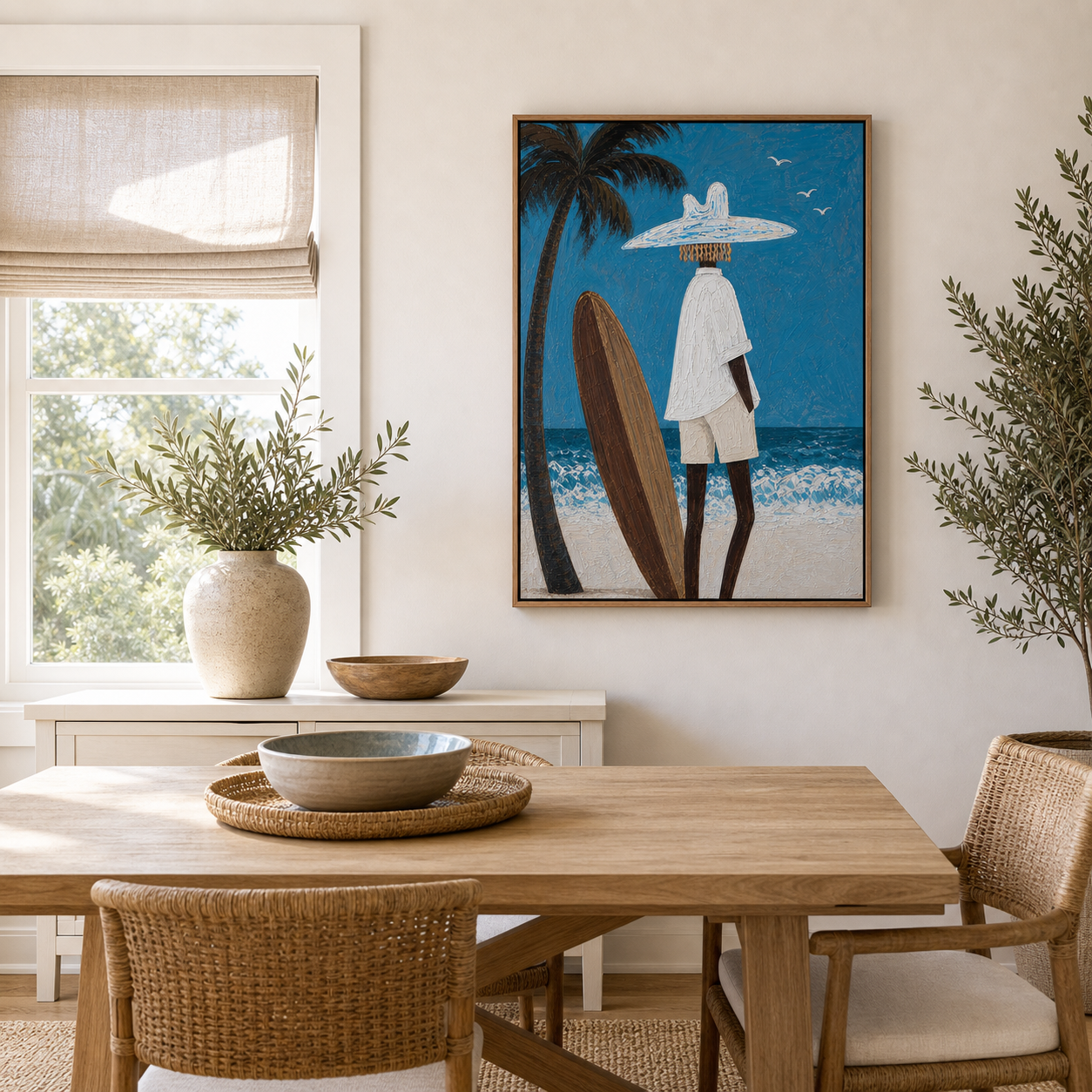 Palm Tree Coastal Wall Art, Framed Beach Painting With Surfboard, Tropical Ocean Wall Decor