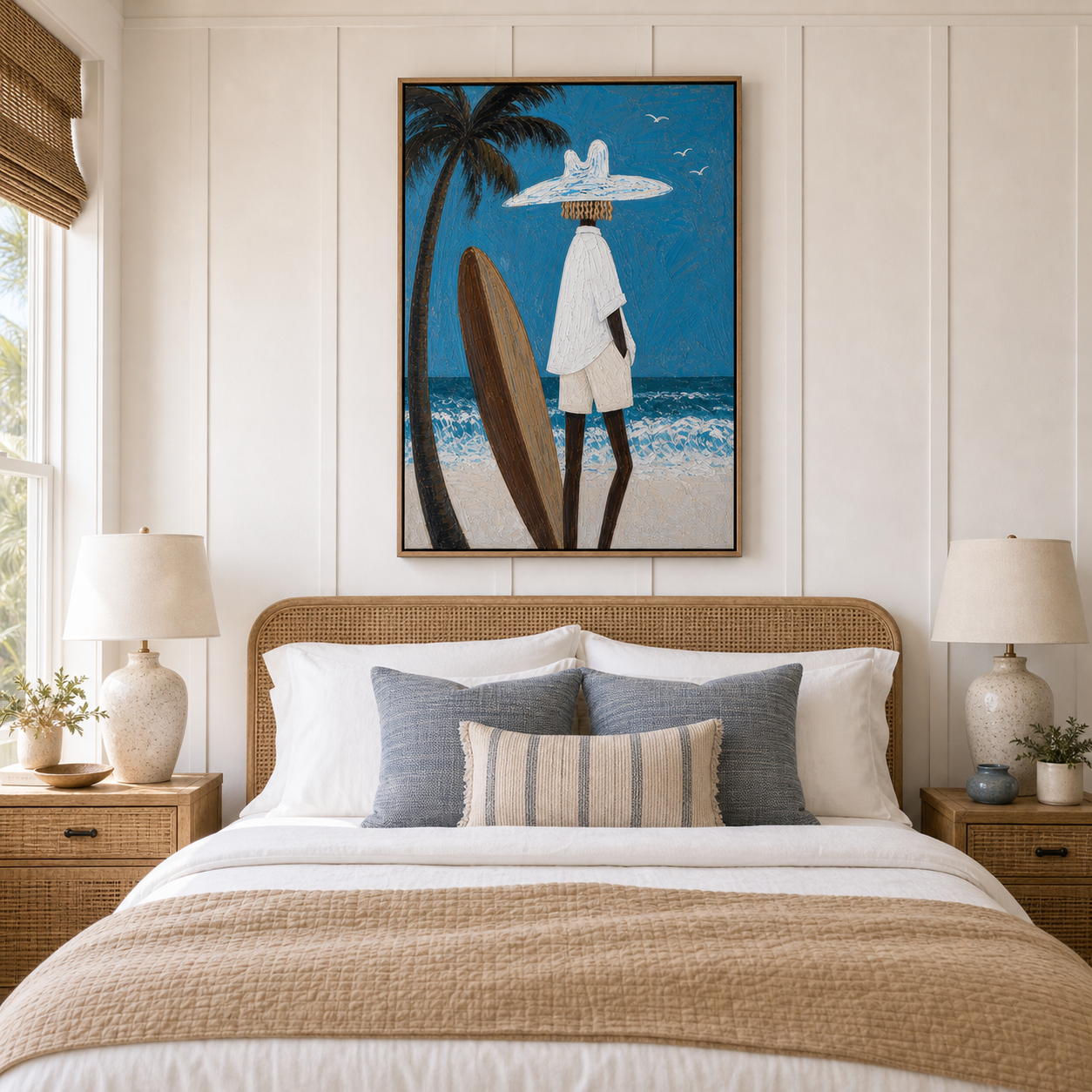 Palm Tree Coastal Wall Art, Framed Beach Painting With Surfboard, Tropical Ocean Wall Decor