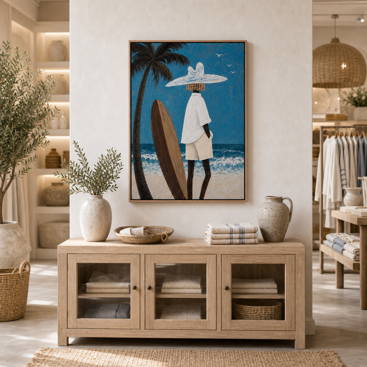 Palm Tree Coastal Wall Art, Framed Beach Painting With Surfboard, Tropical Ocean Wall Decor