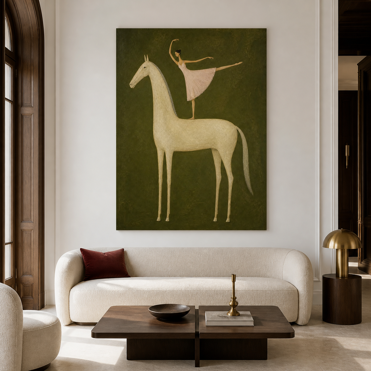 Hand-painted equestrian wall art with ballerina on white horse