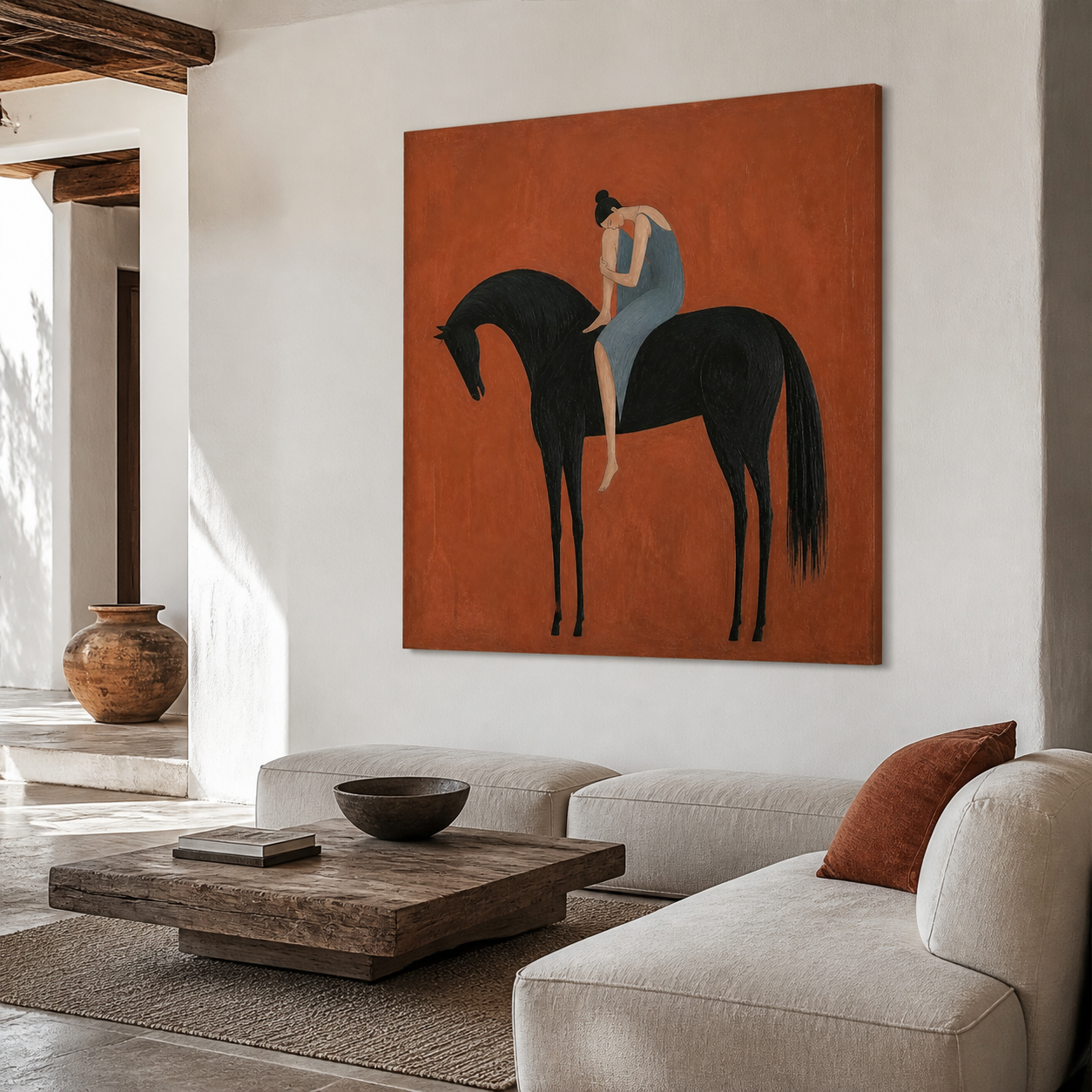 Woman embracing black horse oil painting on burnt orange background