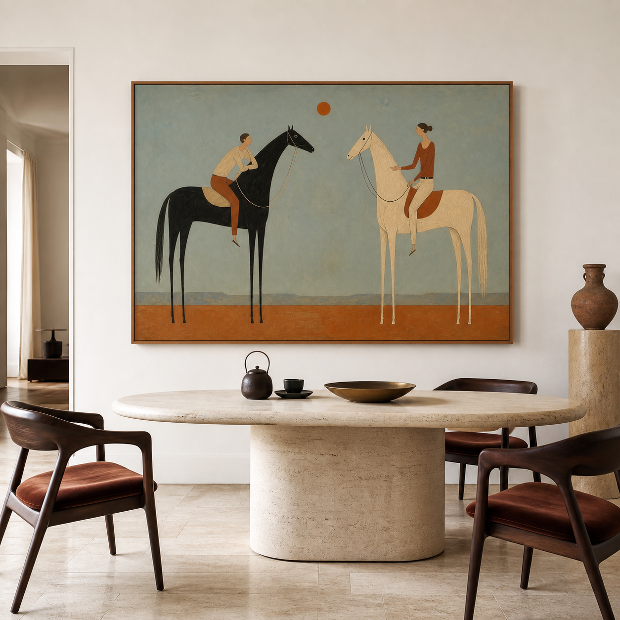 Black and white horse wall art with two riders