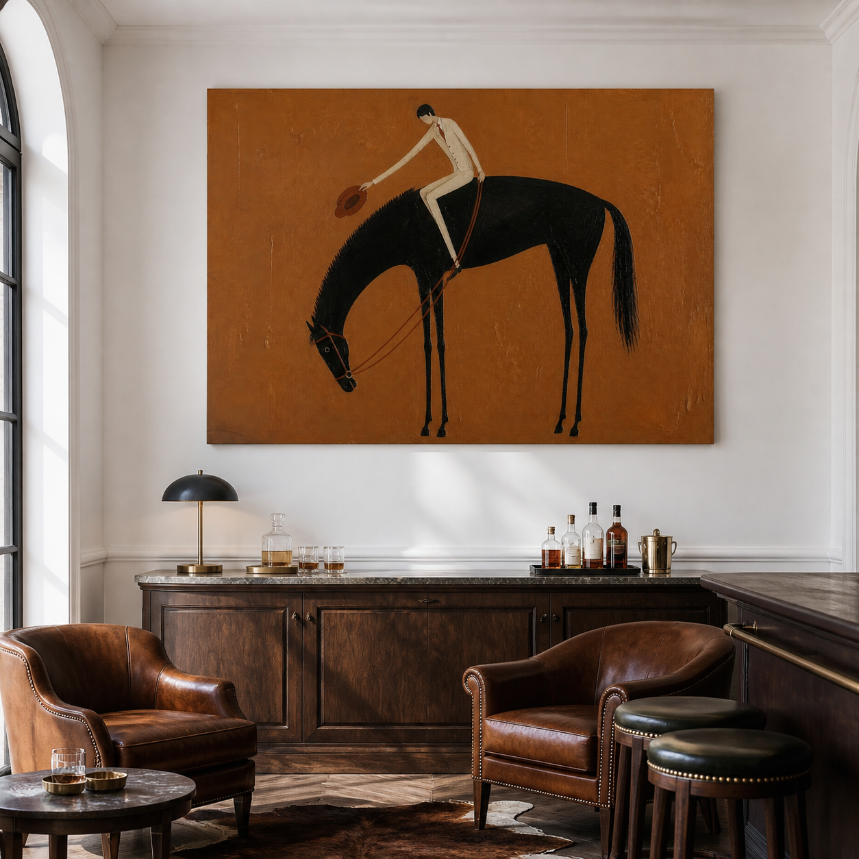 Black horse oil painting with cowboy holding his hat
