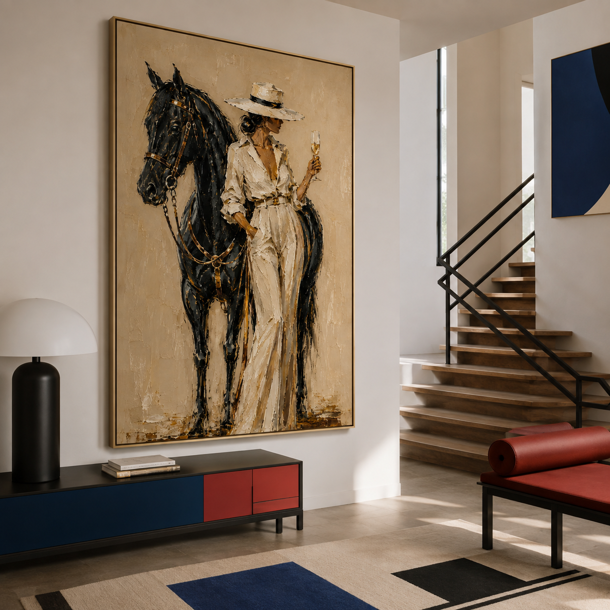 Black horse wall art
Luxury western artwork
Female rider painting