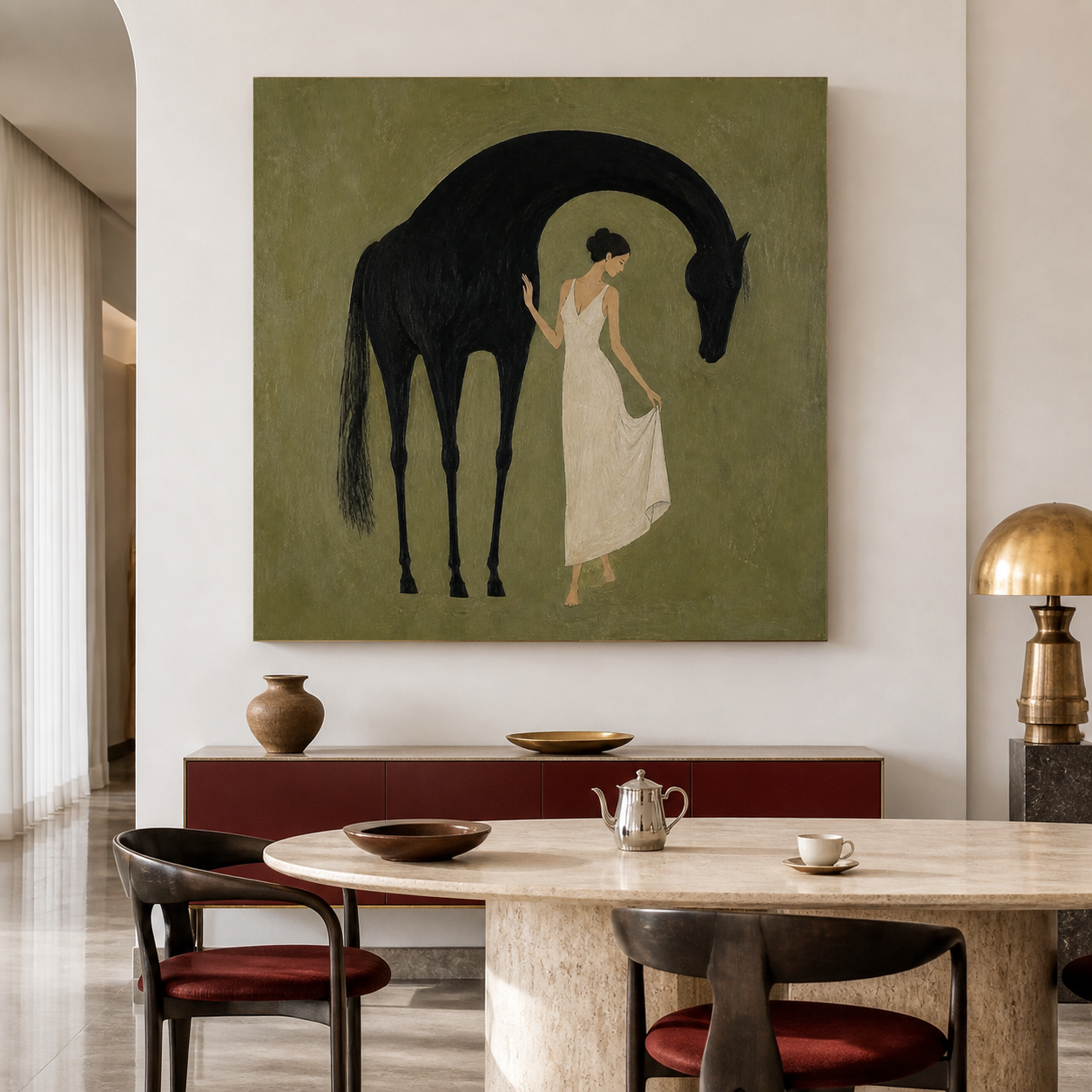 Black horse wall art on muted olive green background