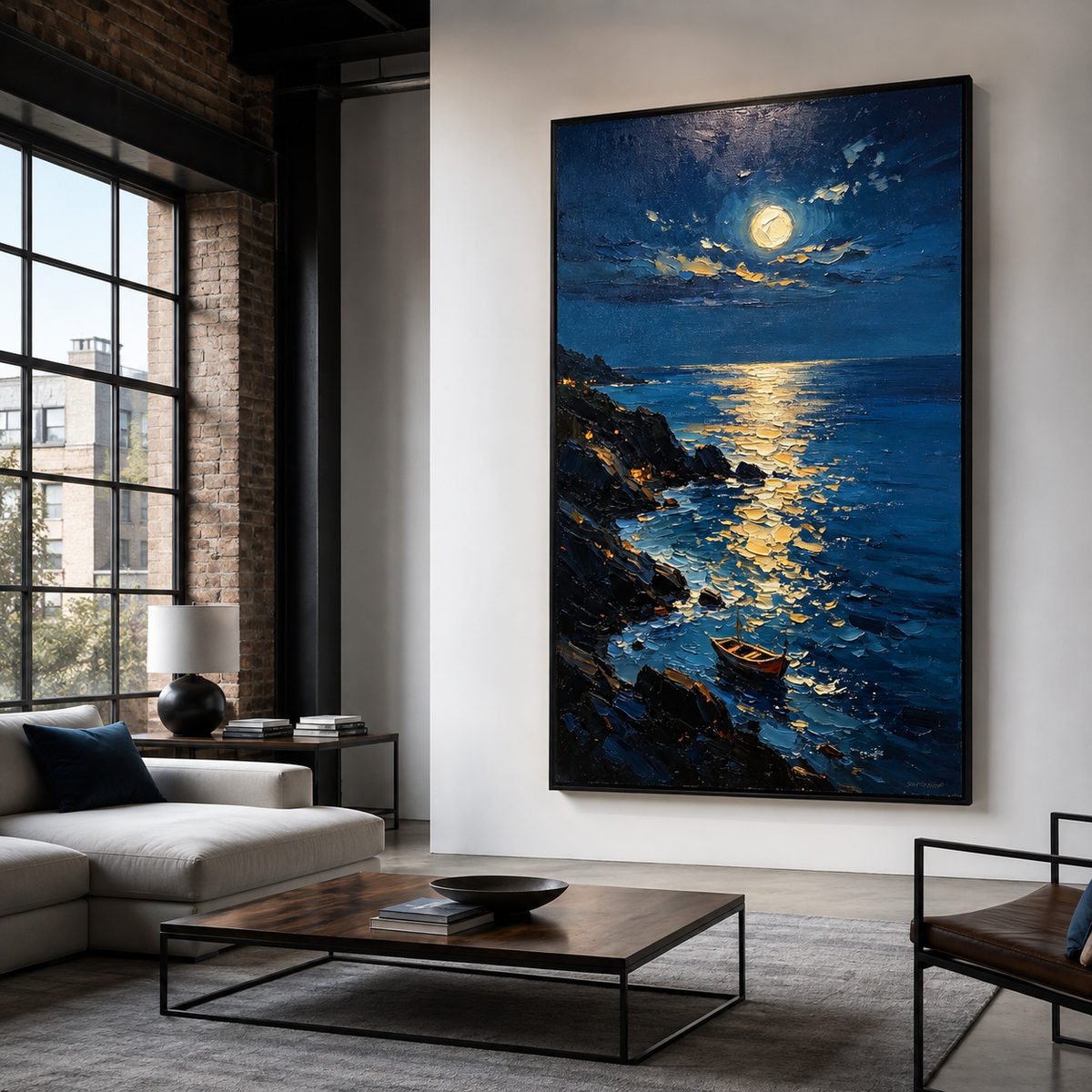 Moon over ocean wall art in deep navy and gold tones