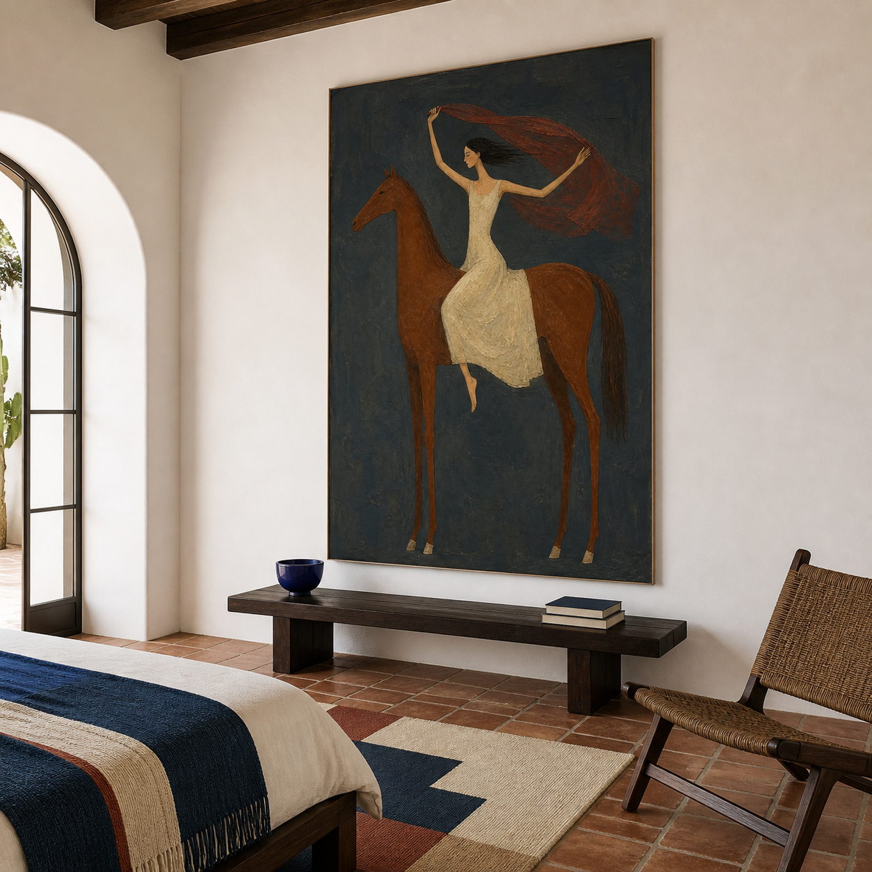 Brown horse oil painting featuring elegant female rider