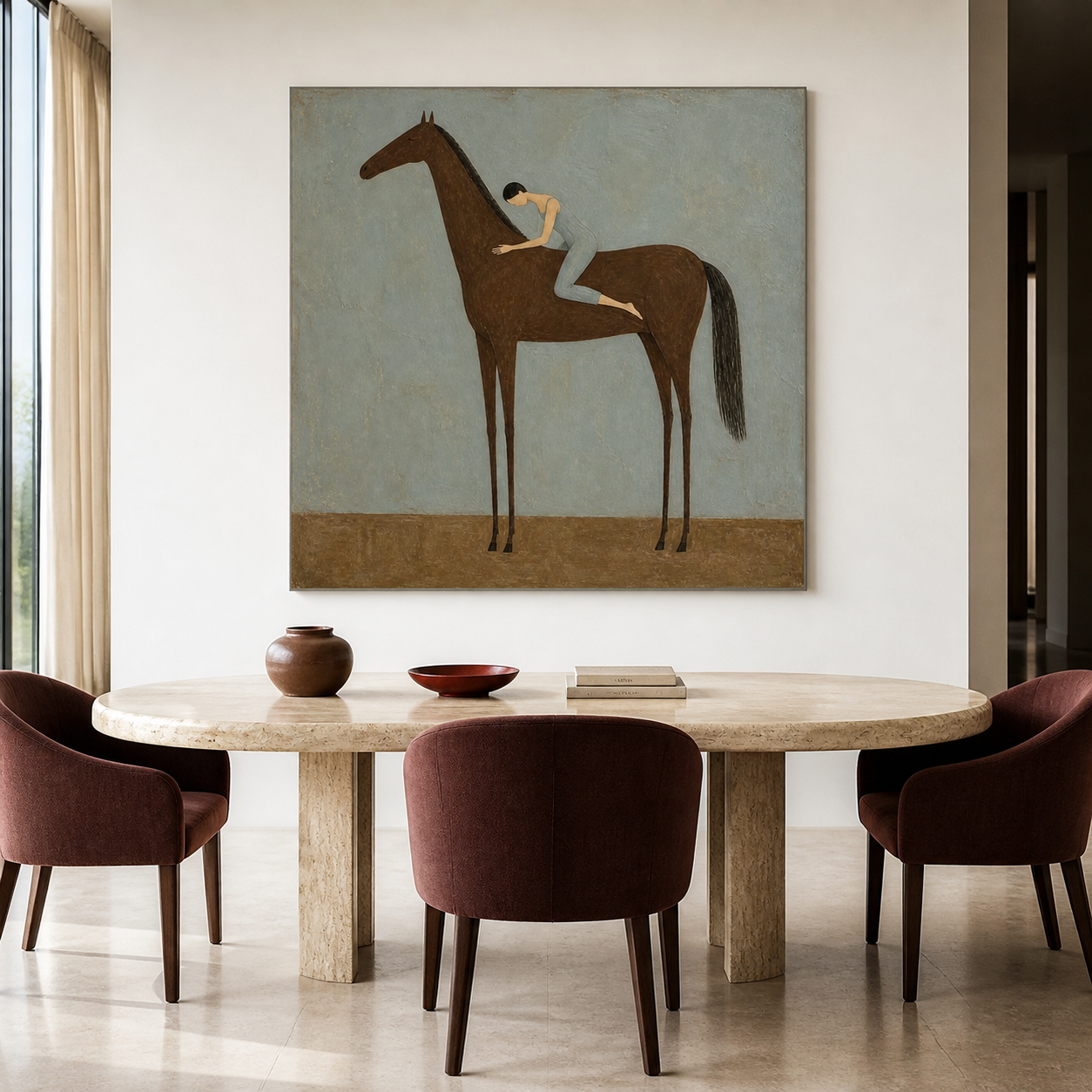 Brown horse painting on muted blue gray background
