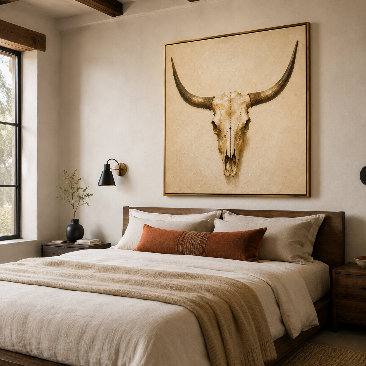 Rustic western bull skull painting on beige textured canvas for farmhouse home decor