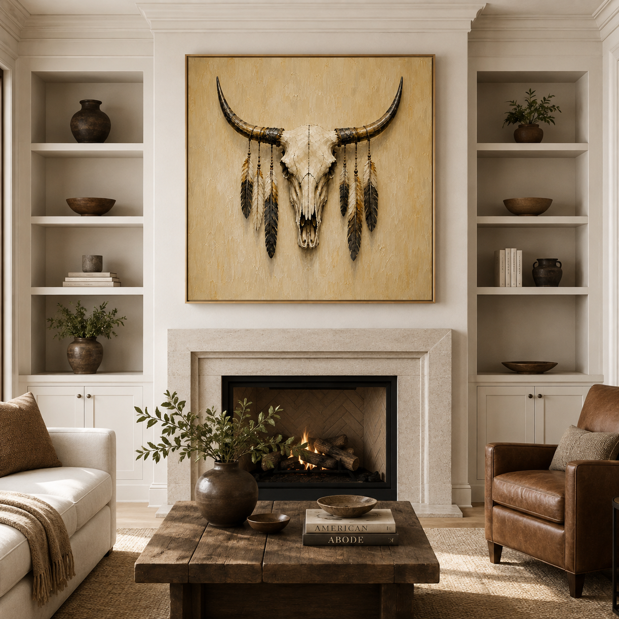 Longhorn skull wall art with feathers in warm neutral colors