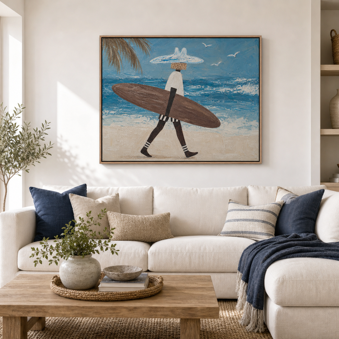 Surf Wall Art for Living Room, Framed Beach Canvas Look With Walking Surfer and Ocean Waves