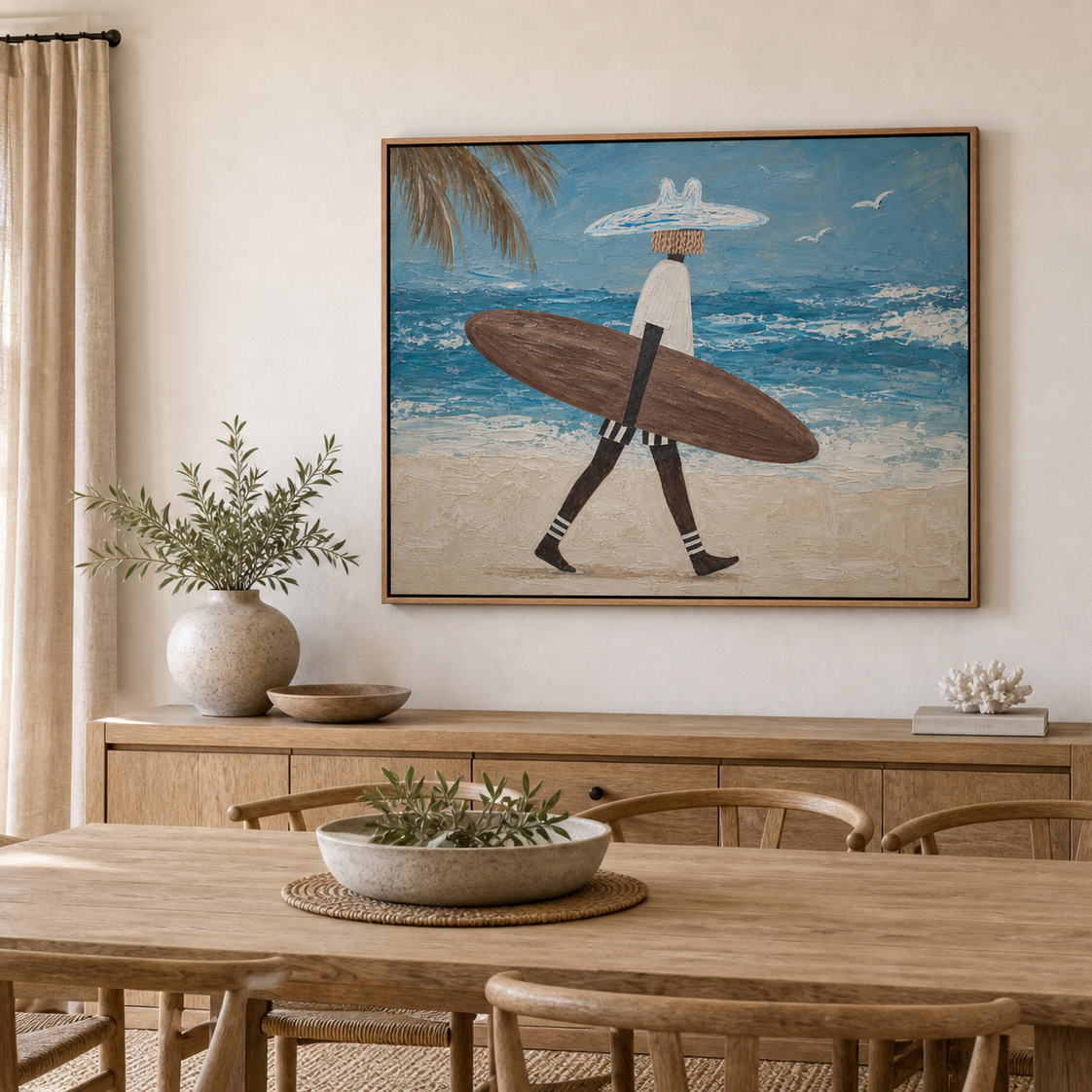 Surf Wall Art for Living Room, Framed Beach Canvas Look With Walking Surfer and Ocean Waves