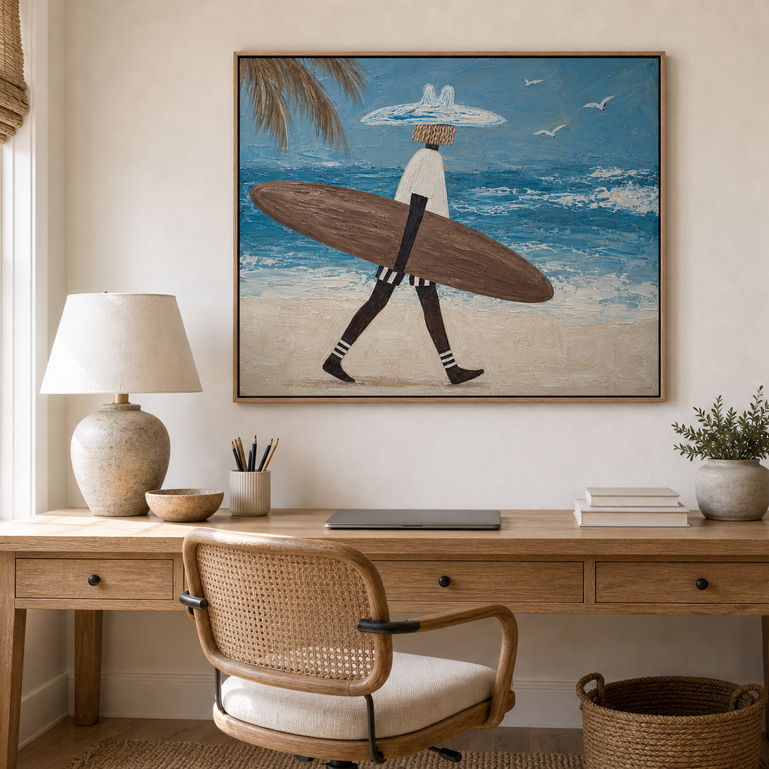 Surf Wall Art for Living Room, Framed Beach Canvas Look With Walking Surfer and Ocean Waves