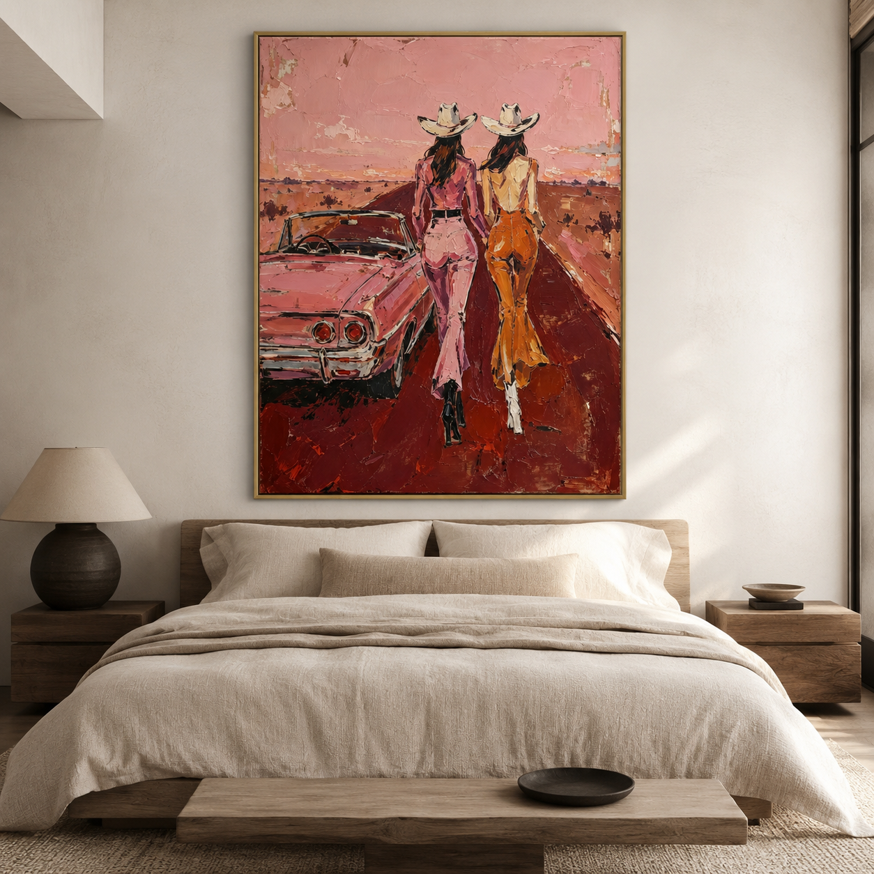 Two cowgirls walking beside a vintage car Western painting