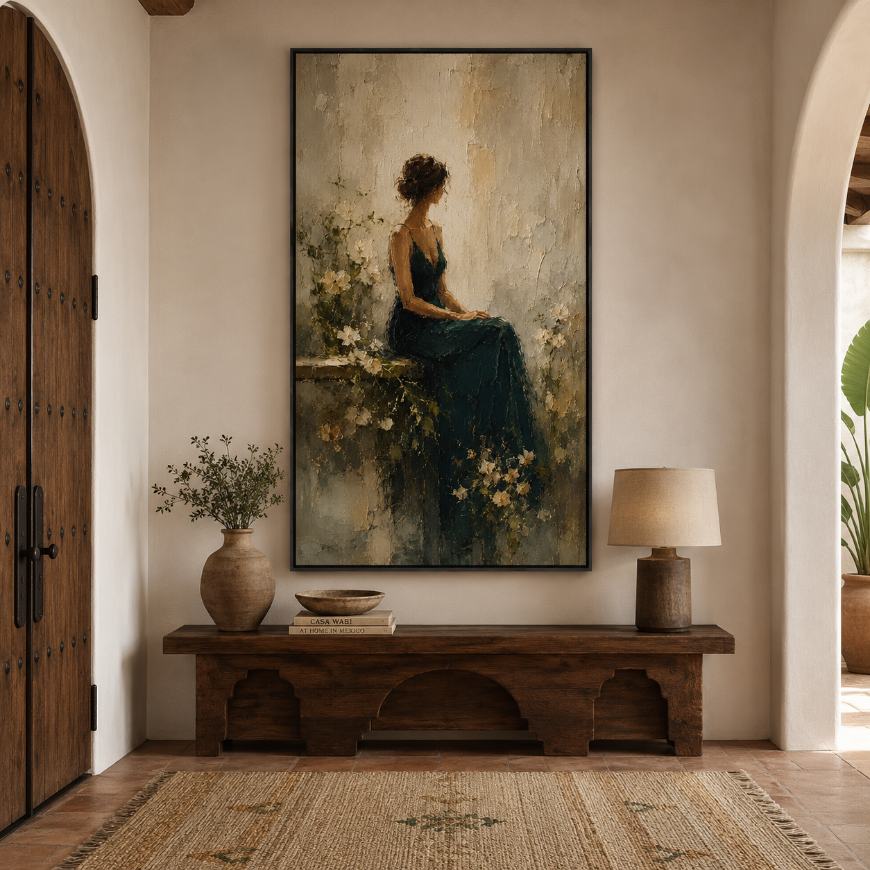 Hand-painted vintage woman wall art featuring an elegant seated woman in a deep emerald green dress surrounded by ivory flowers and textured neutral tones.