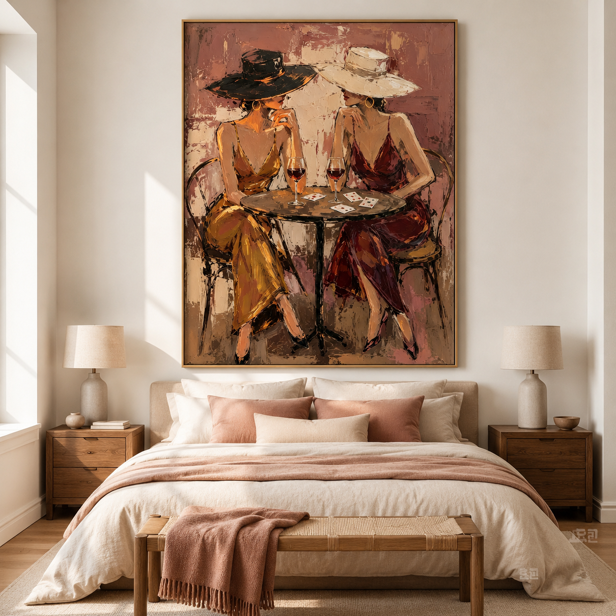 Girls night wall art with wine and card game scene