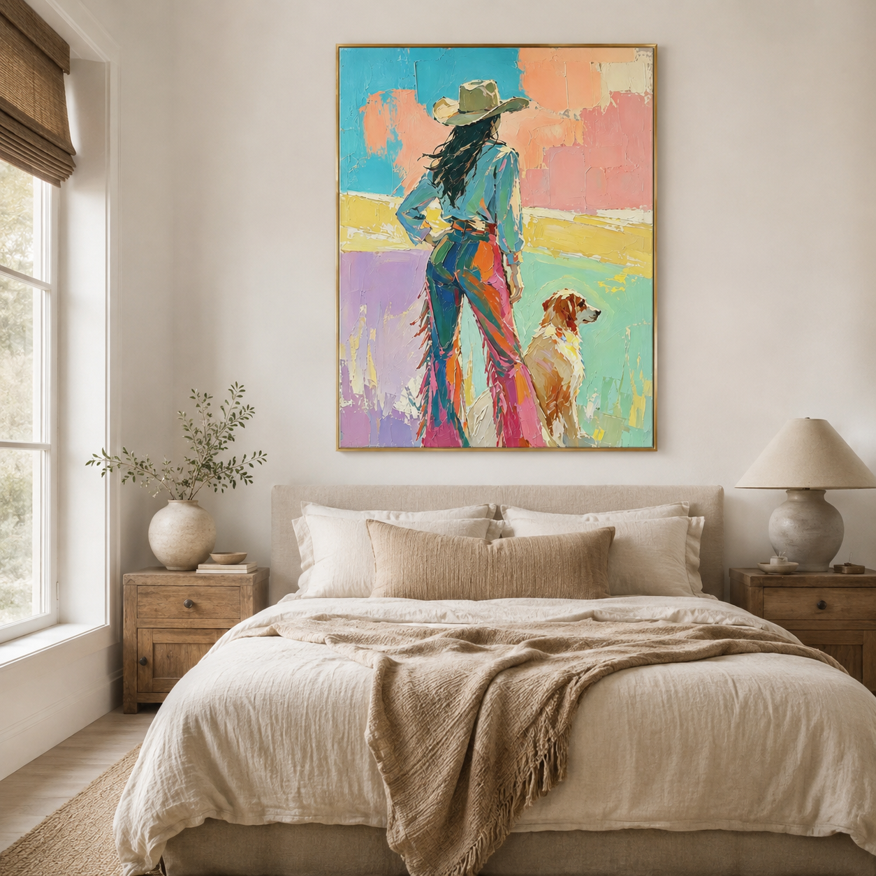 Modern Western woman and dog painting with bold colors