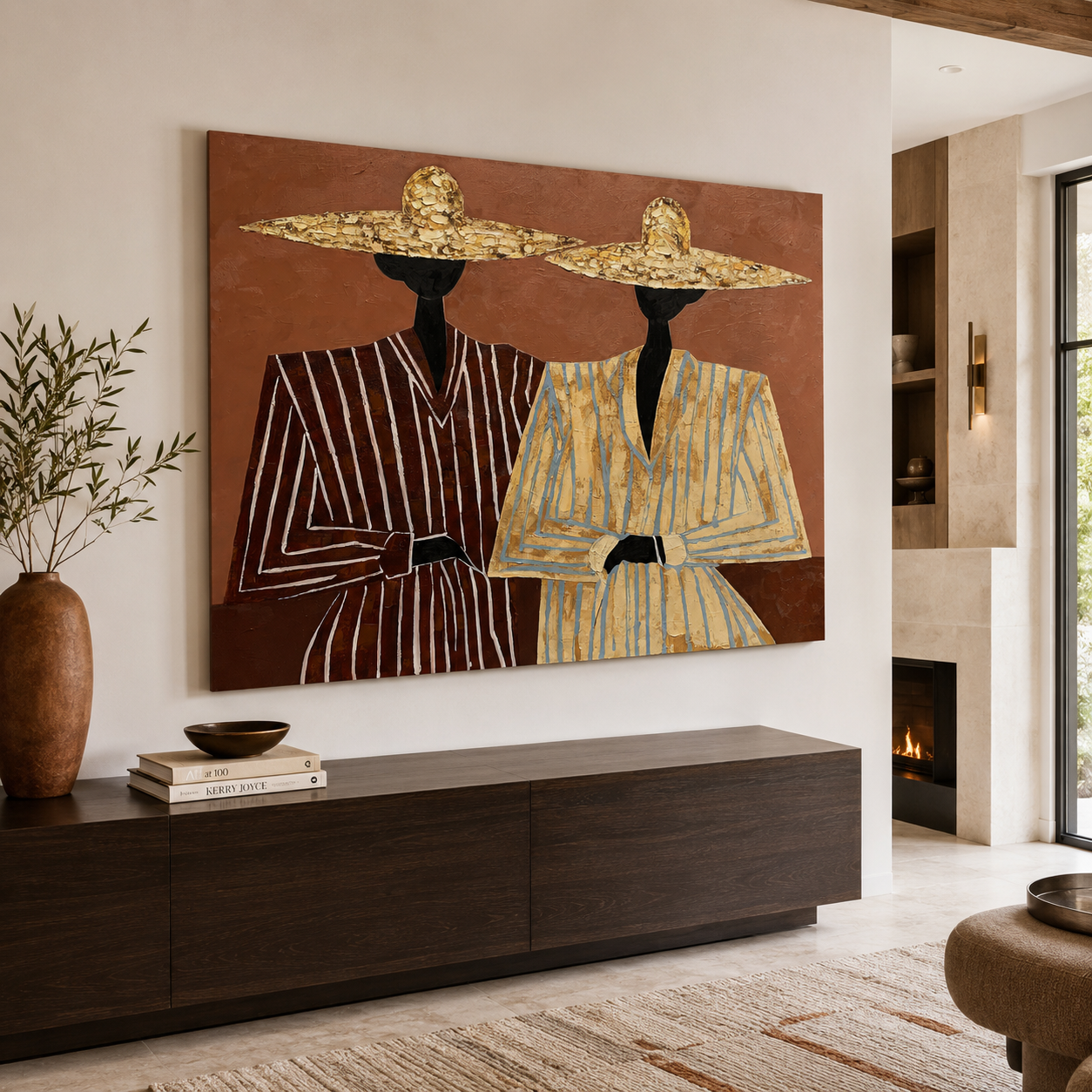 Contemporary fashion figure wall art with oversized woven hats