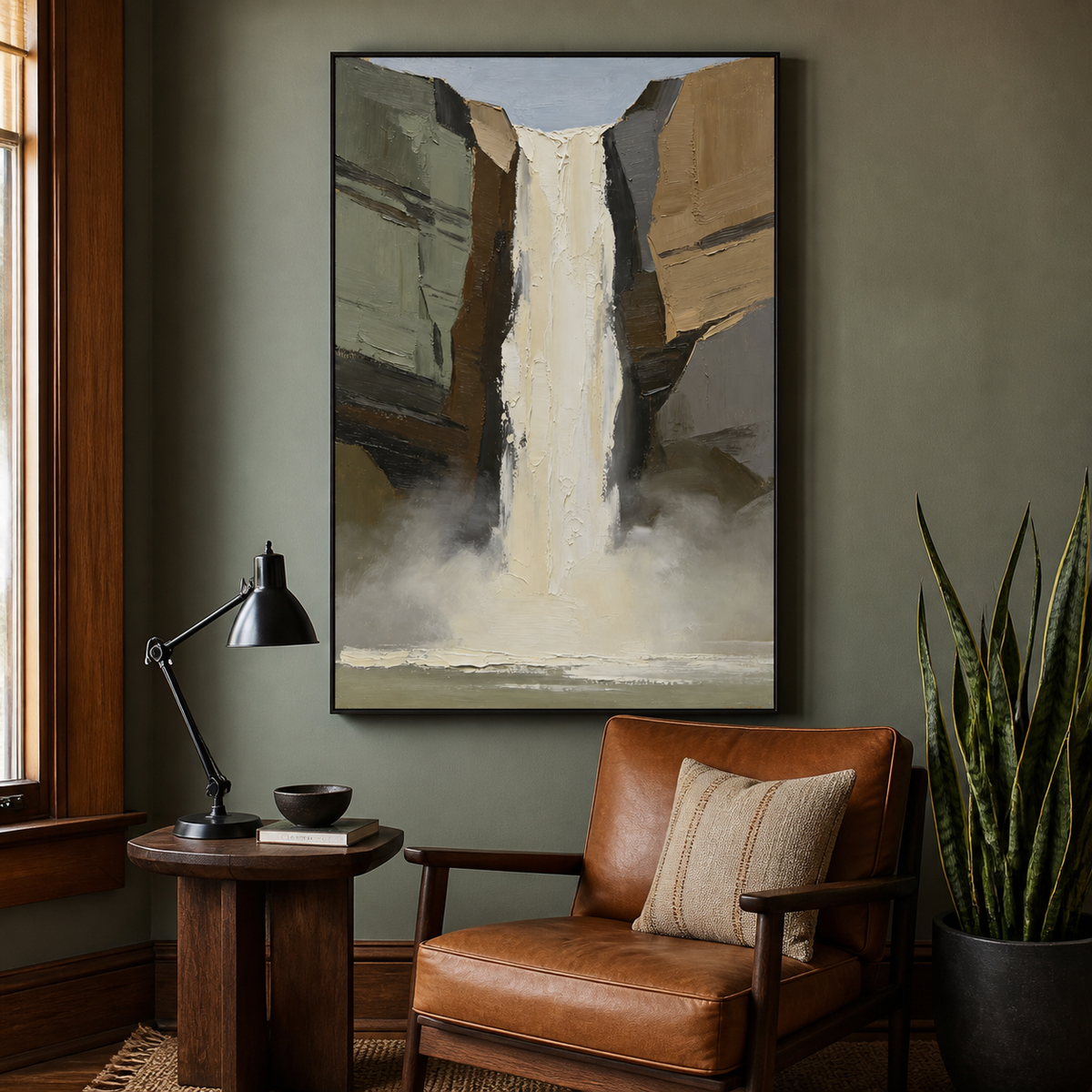 Contemporary waterfall oil painting with rugged cliffs