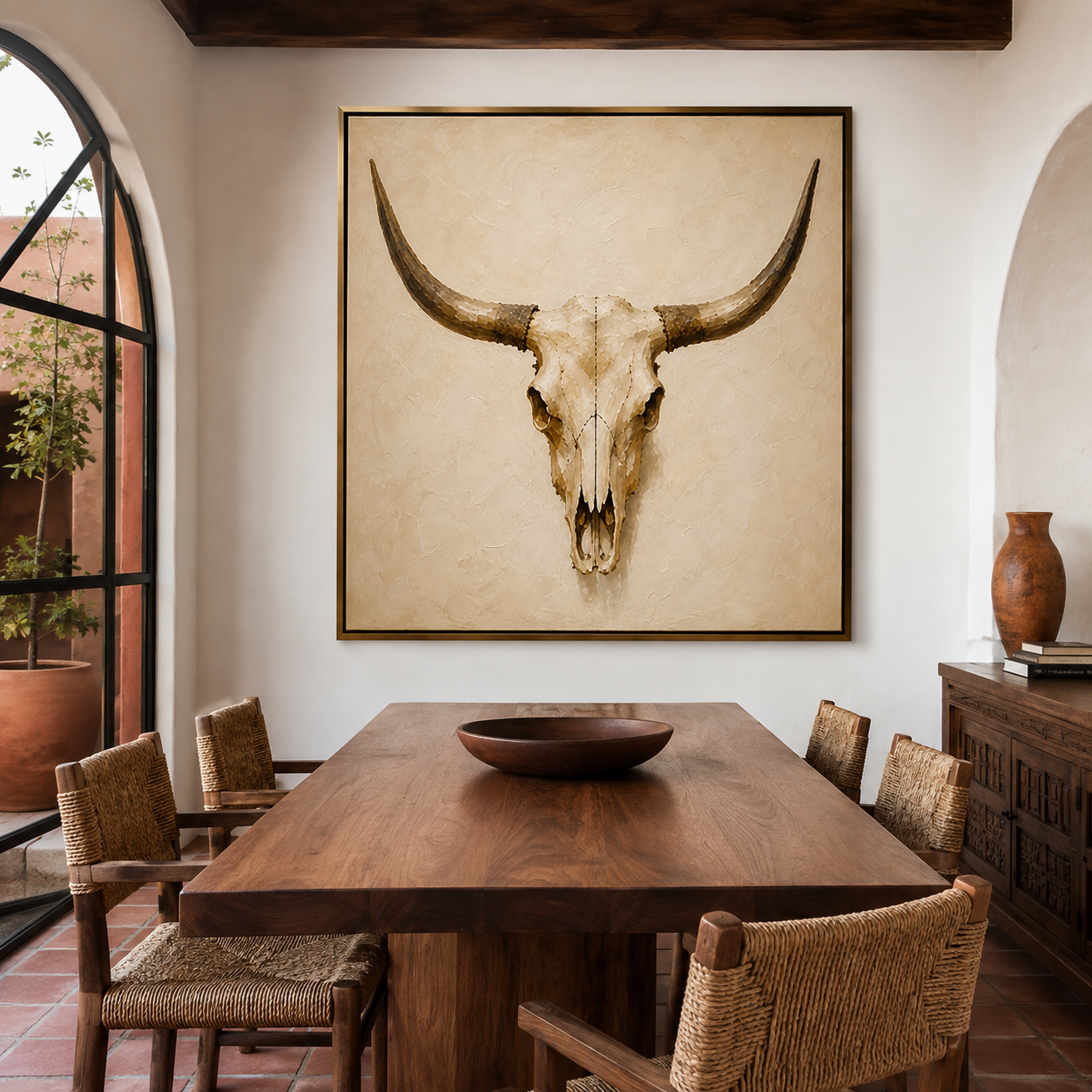 Large handmade bull skull canvas artwork above sofa in luxury rustic interior