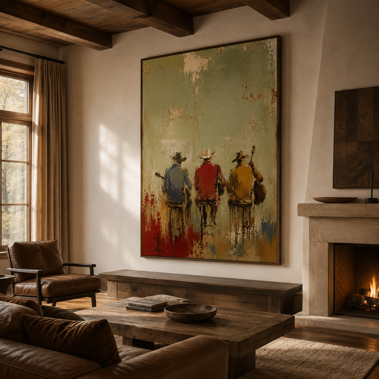 Cowboy musicians painting with guitars and Western hats