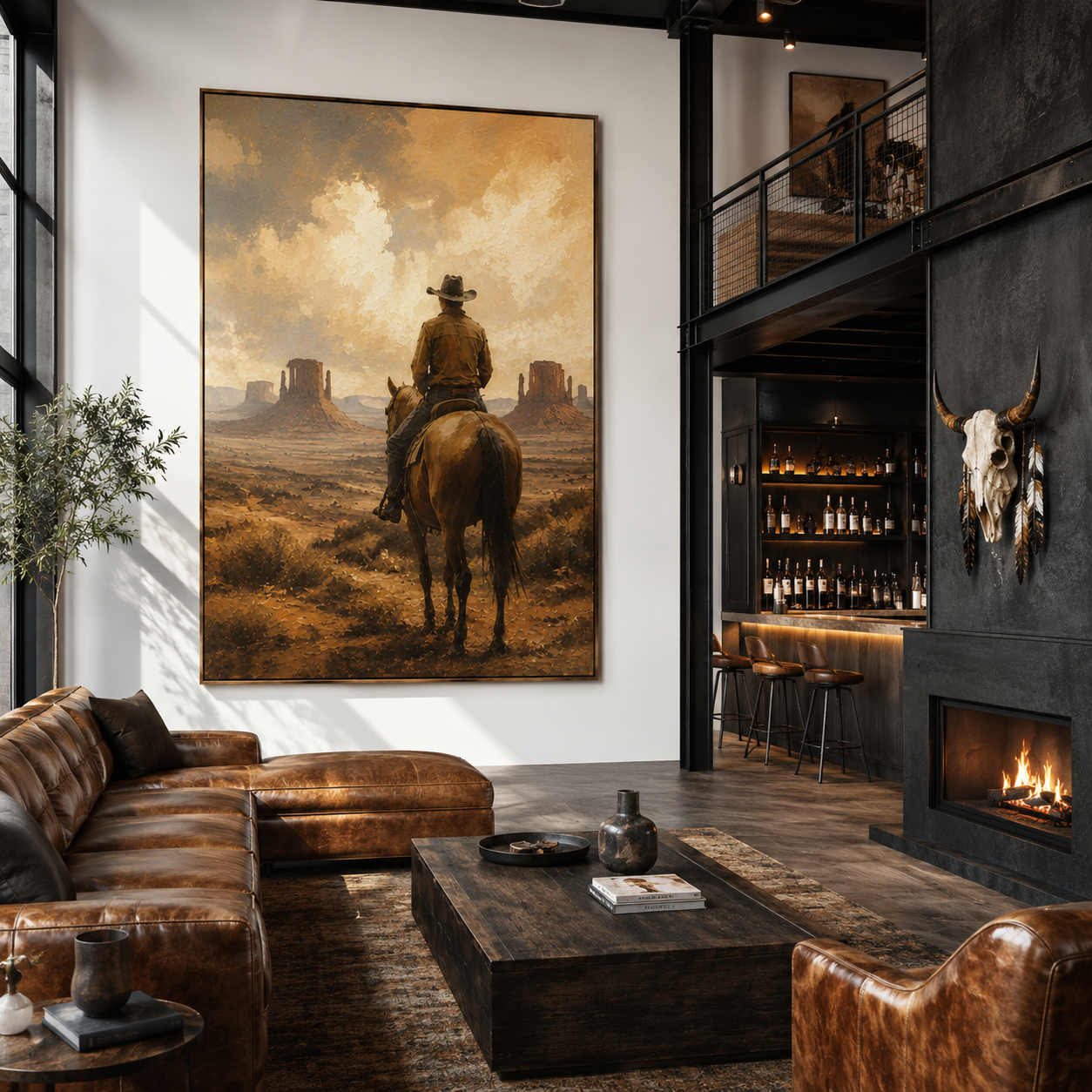 Cowboy on horseback Western painting with desert mesas and warm earth tones