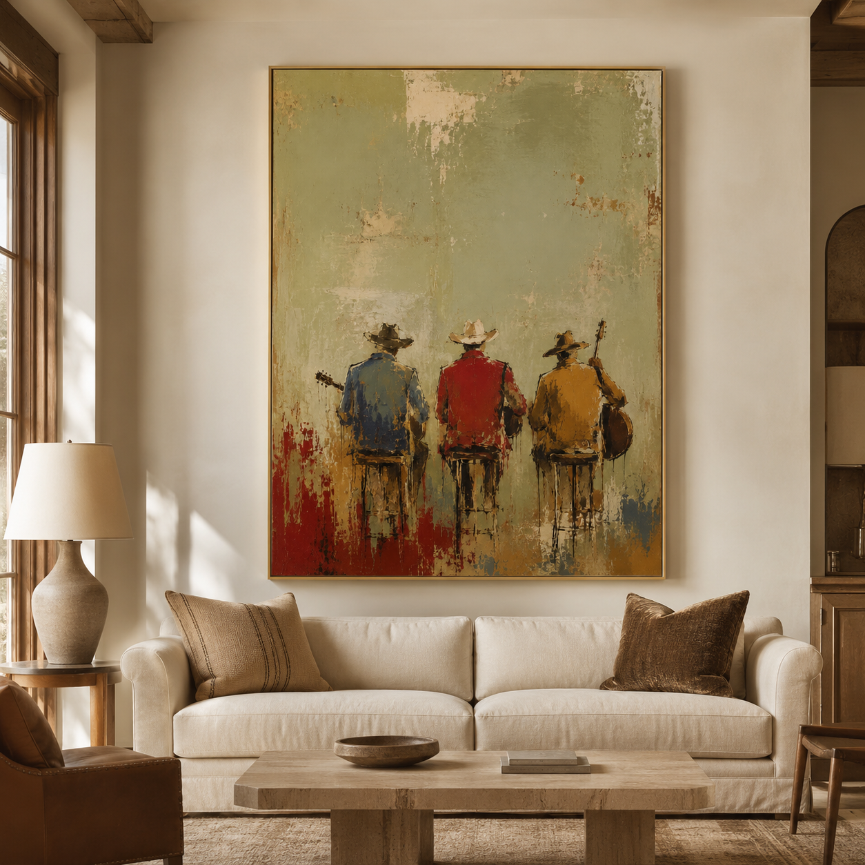 Western music wall art with three cowboy musicians
