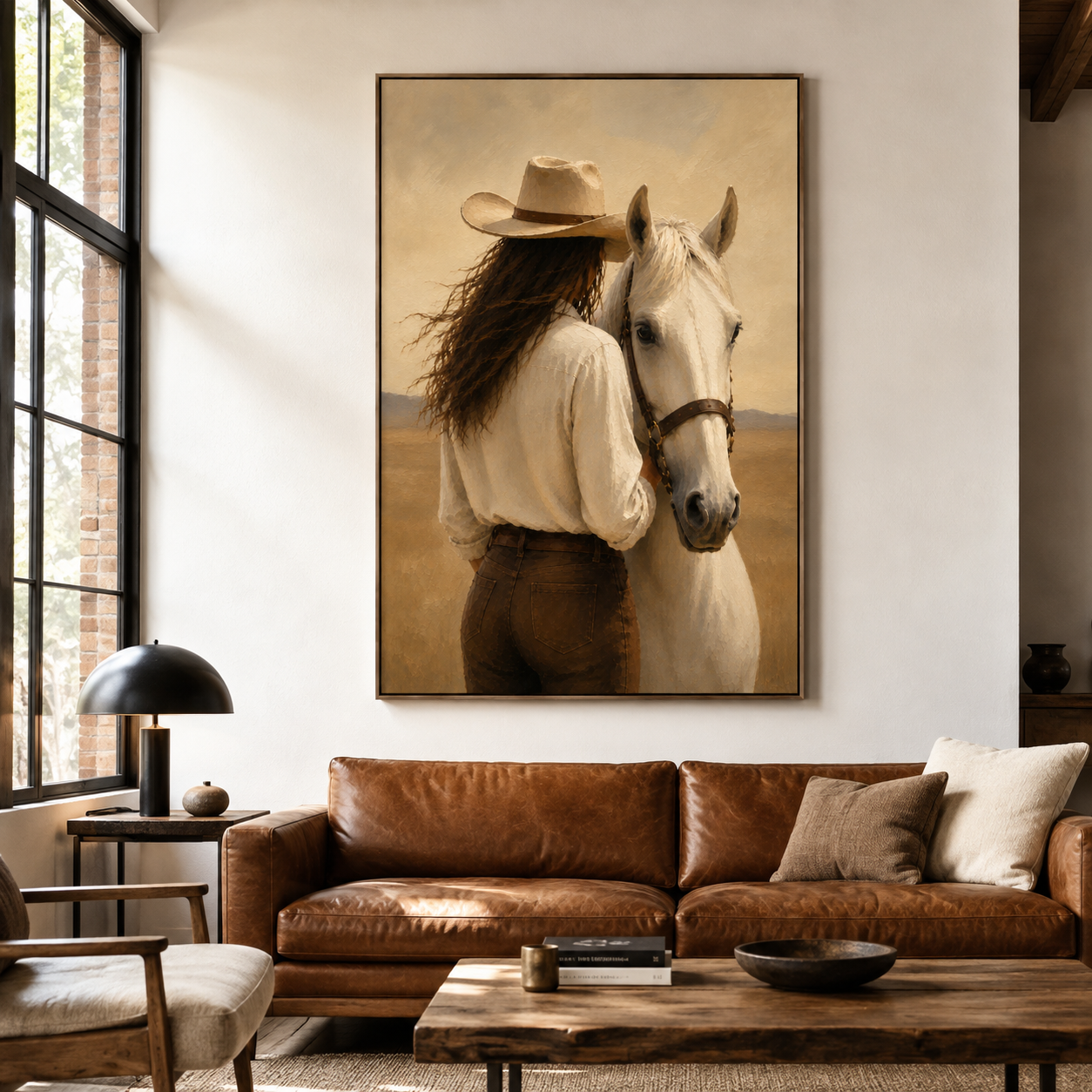 Cowgirl horse wall art featuring a woman beside a white horse