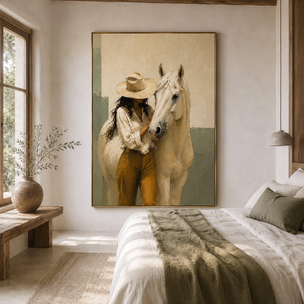 Hand-painted cowgirl and white horse wall art in soft neutral colors