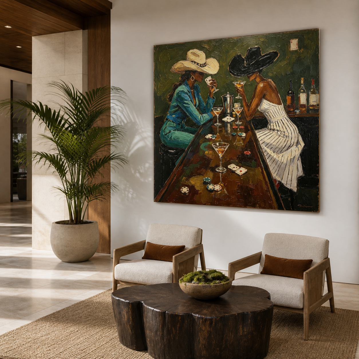 Cowgirl wall art with cowboy hats poker chips and cocktails