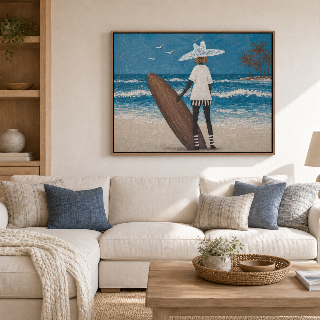 Beach House Wall Art, Framed Coastal Painting With Surfer, Palm Island and Ocean Waves