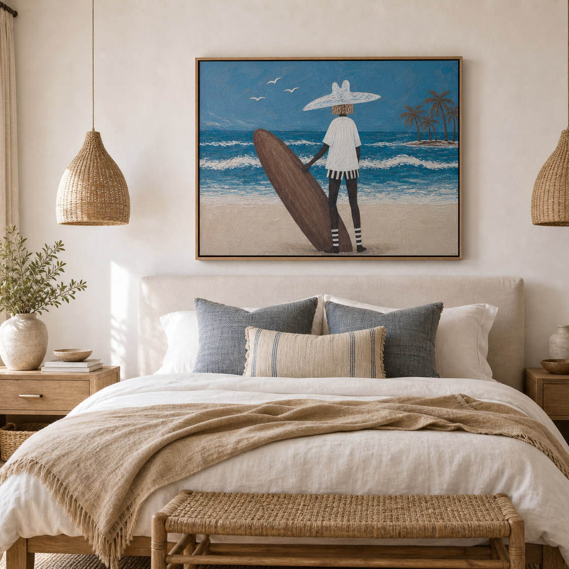 Beach House Wall Art, Framed Coastal Painting With Surfer, Palm Island and Ocean Waves