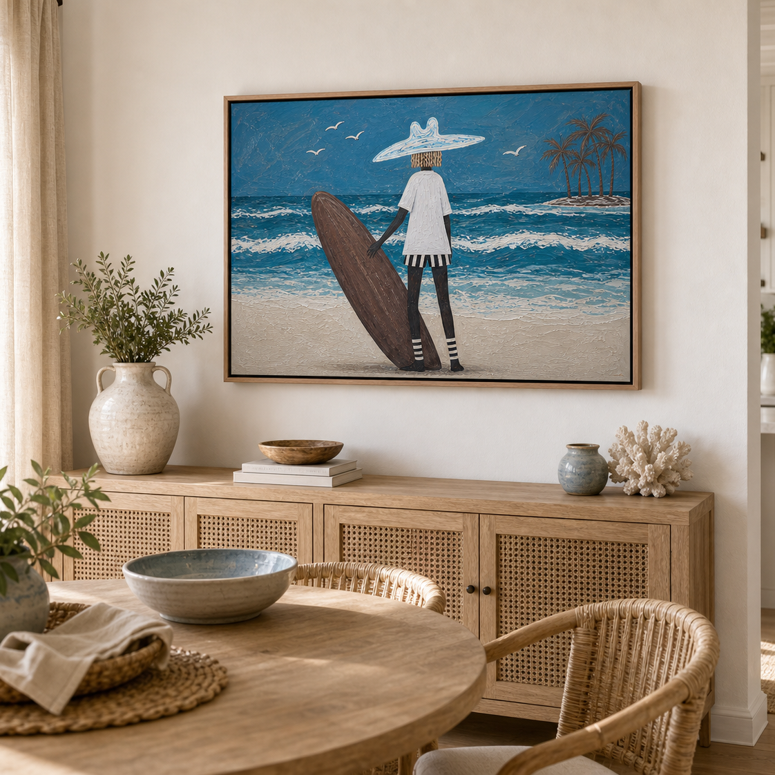 Beach House Wall Art, Framed Coastal Painting With Surfer, Palm Island and Ocean Waves