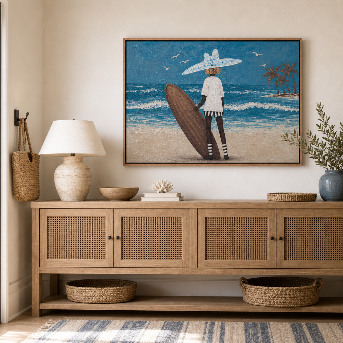 Beach House Wall Art, Framed Coastal Painting With Surfer, Palm Island and Ocean Waves