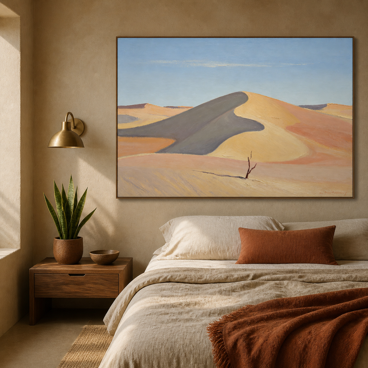 Desert dune painting in ochre terracotta and soft blue tones