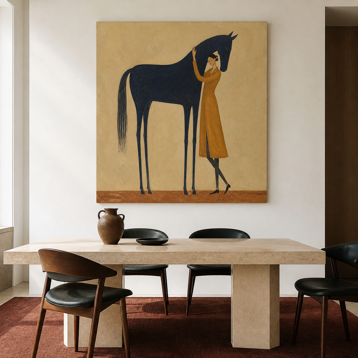 Horse and woman oil painting in warm neutral tones